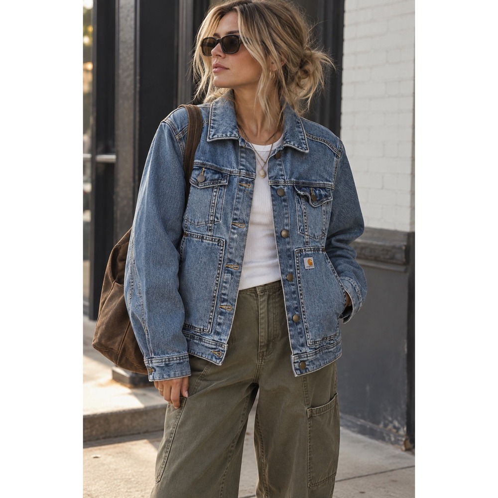 Women's Carhartt Bensom Denim Jean Jacket Utility Pockets Workwear Distressed M